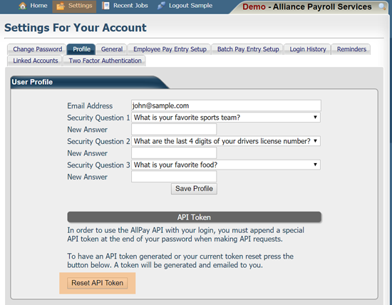 Example of the Security Profile page where you request your API token